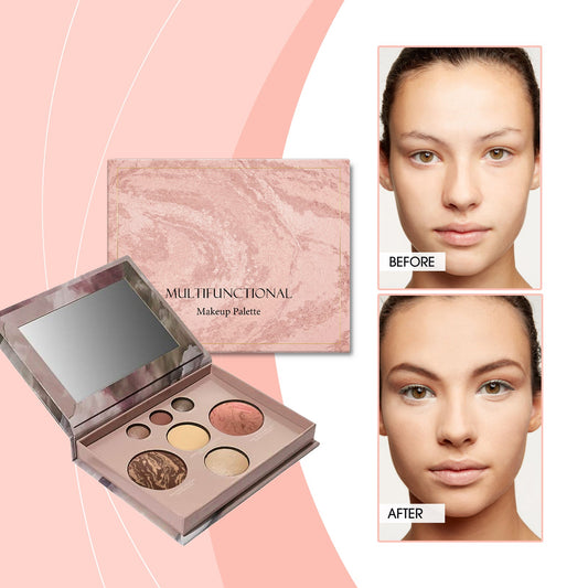 Multi-functional makeup palette showing compact with mirror and pressed powders