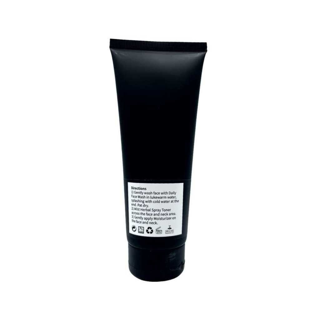 Face wash tube back view with directions and barcode label