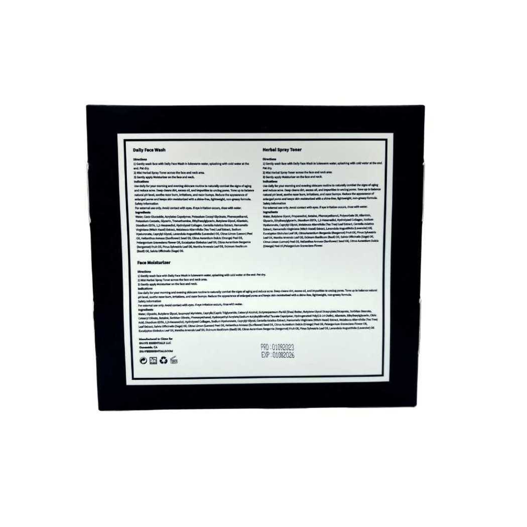 Skincare kit outer box back panel with ingredient and directions label