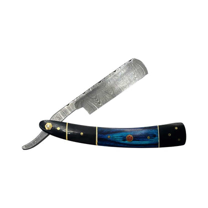 Damascus straight razor with black handle and blue insert, gold rivets and accents