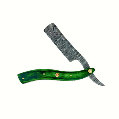 Damascus straight razor with green handle, gold rivets, silver patterned blade