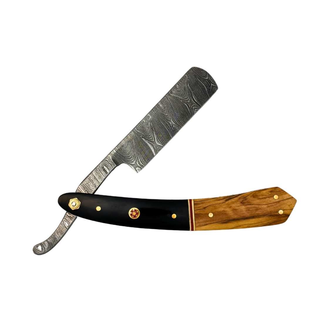 Damascus straight razor with black-and-brown wood handle, gold rivets, damascus blade