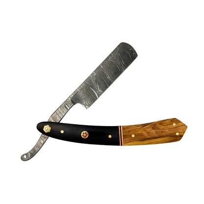 Damascus straight razor with black-and-brown wood handle, gold rivets, damascus blade