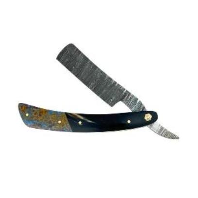 Damascus straight razor with navy handle, blue-gold marbled panels, gold rivets