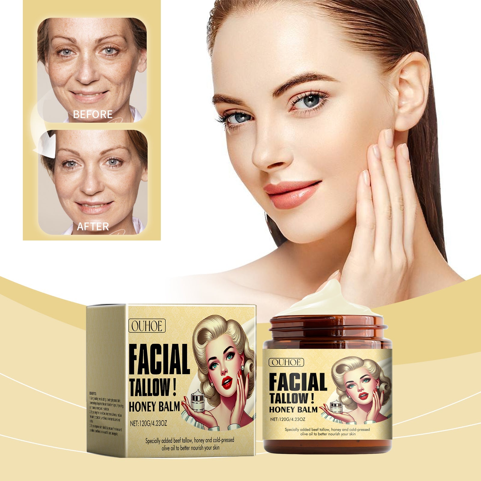 Facial tallow honey moisturizing cream jar and balm box, jar and box on display.