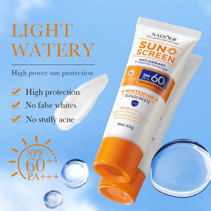 SADOER Sun Screen SPF 60 sunscreen tube with water-drop bubbles around it