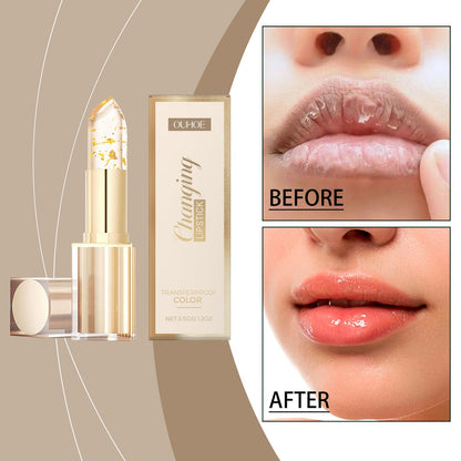 Gold color-changing nourishing lipstick; glossy pink-red lips after application