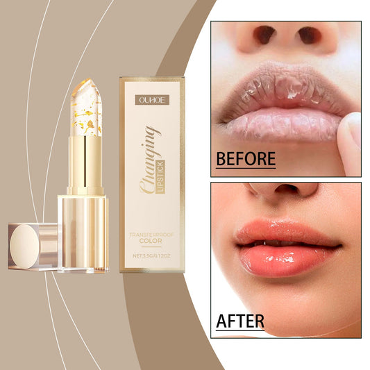 Gold color-changing nourishing lipstick; glossy pink-red lips after application