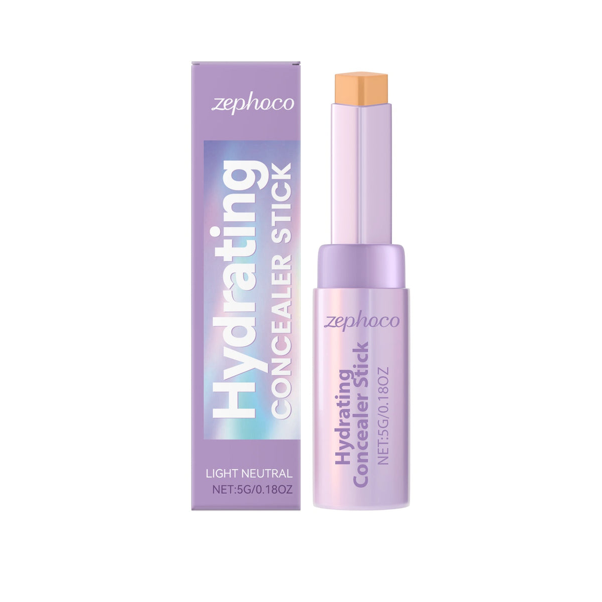 Zephco hydrating concealer stick with carton, light neutral shade, lavender tube and orange cap