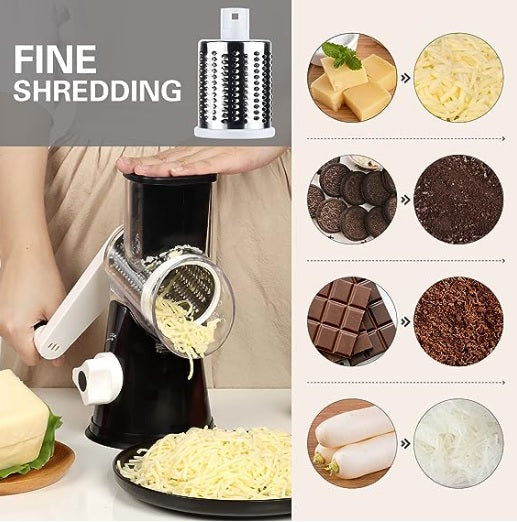 Black and white manual kitchen grater with stainless fine shredding drum