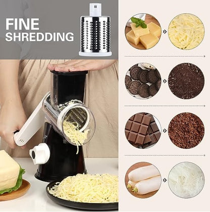 Black and white manual kitchen grater with stainless fine shredding drum