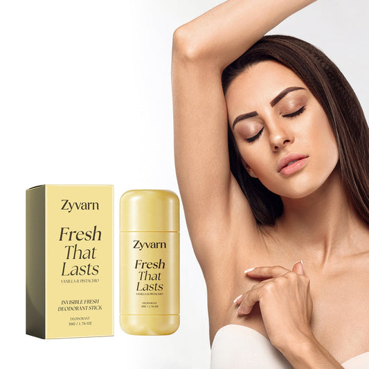 Zyvarn deodorant stick with gold-colored cap and Fresh That Lasts box