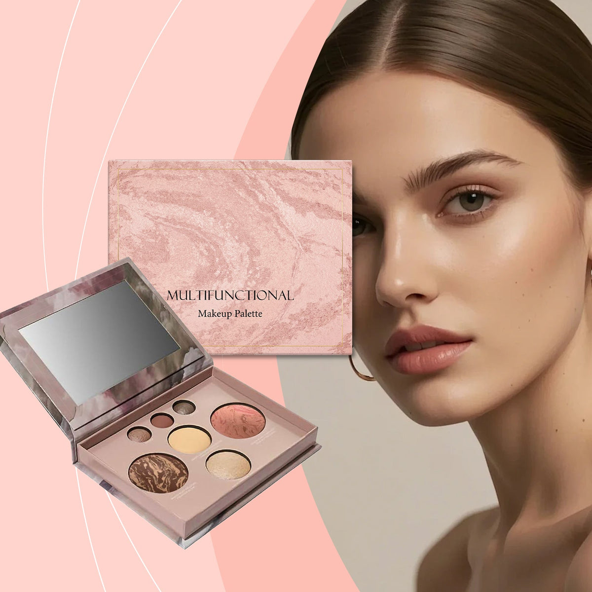 Open makeup palette with mirror, six pressed shades, paired with rose-toned cover