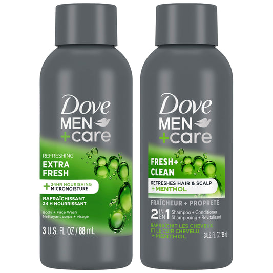 Set of two Dove Men+Care wash bottles with gray caps and green Fresh labels