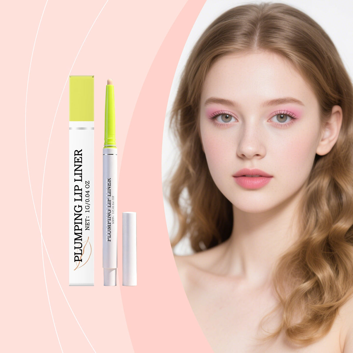 Matte lip liner tube and boxed packaging next to face with defined lips