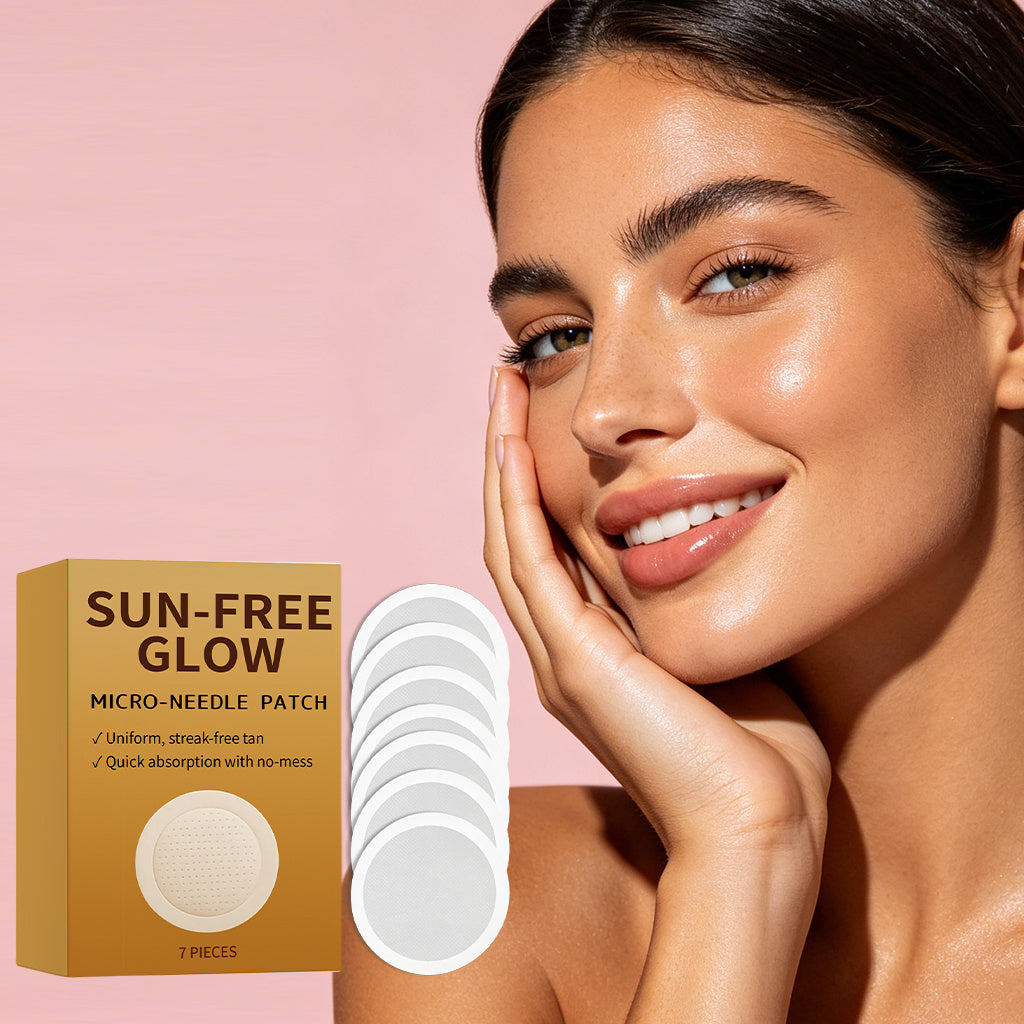 Micro-needle tanning patch set featuring SUN-FREE GLOW box and circular tan patches