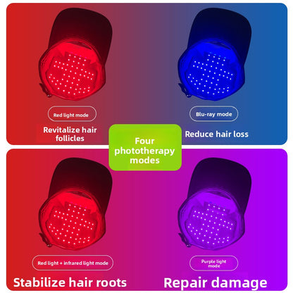 Light therapy cap modes shown with red and blue/purple LED illumination