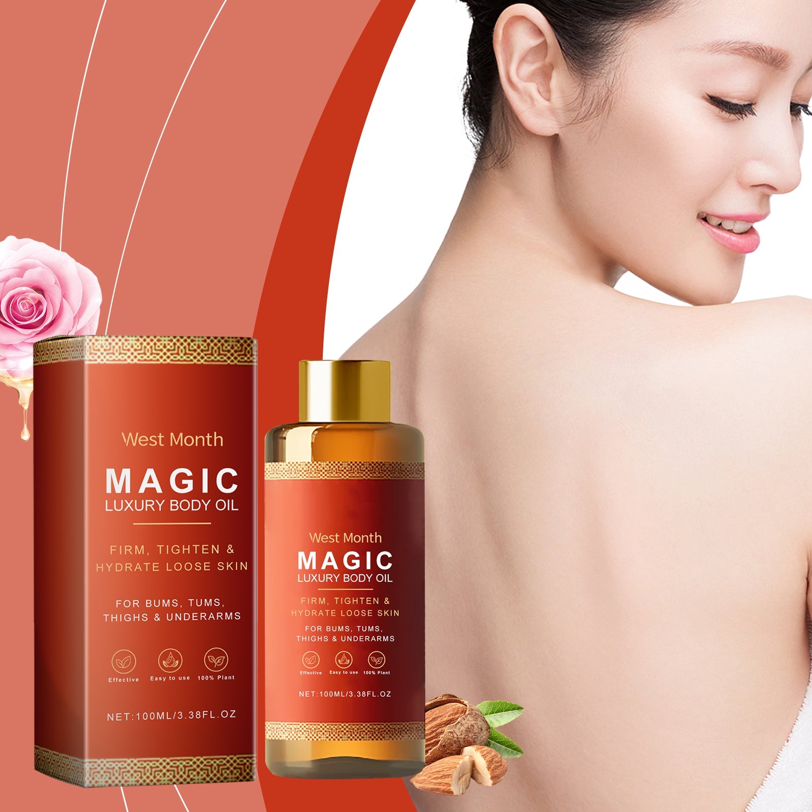Firming moisturizing body oil 100ml bottle with gold cap and product box
