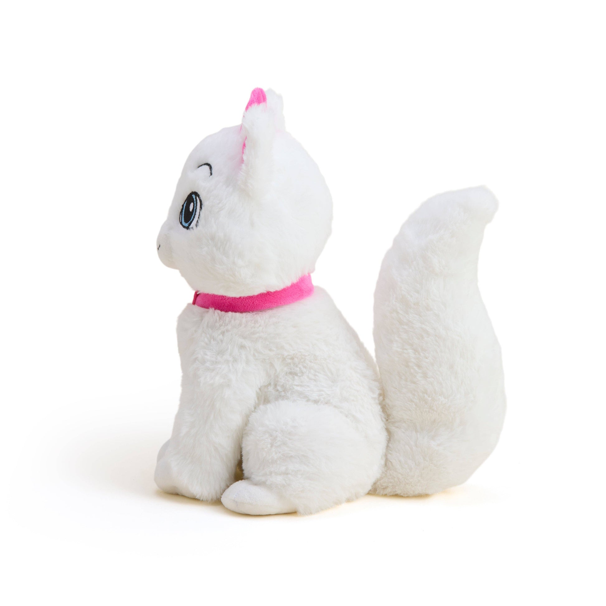 White plush cat with pink collar, side view with raised tail