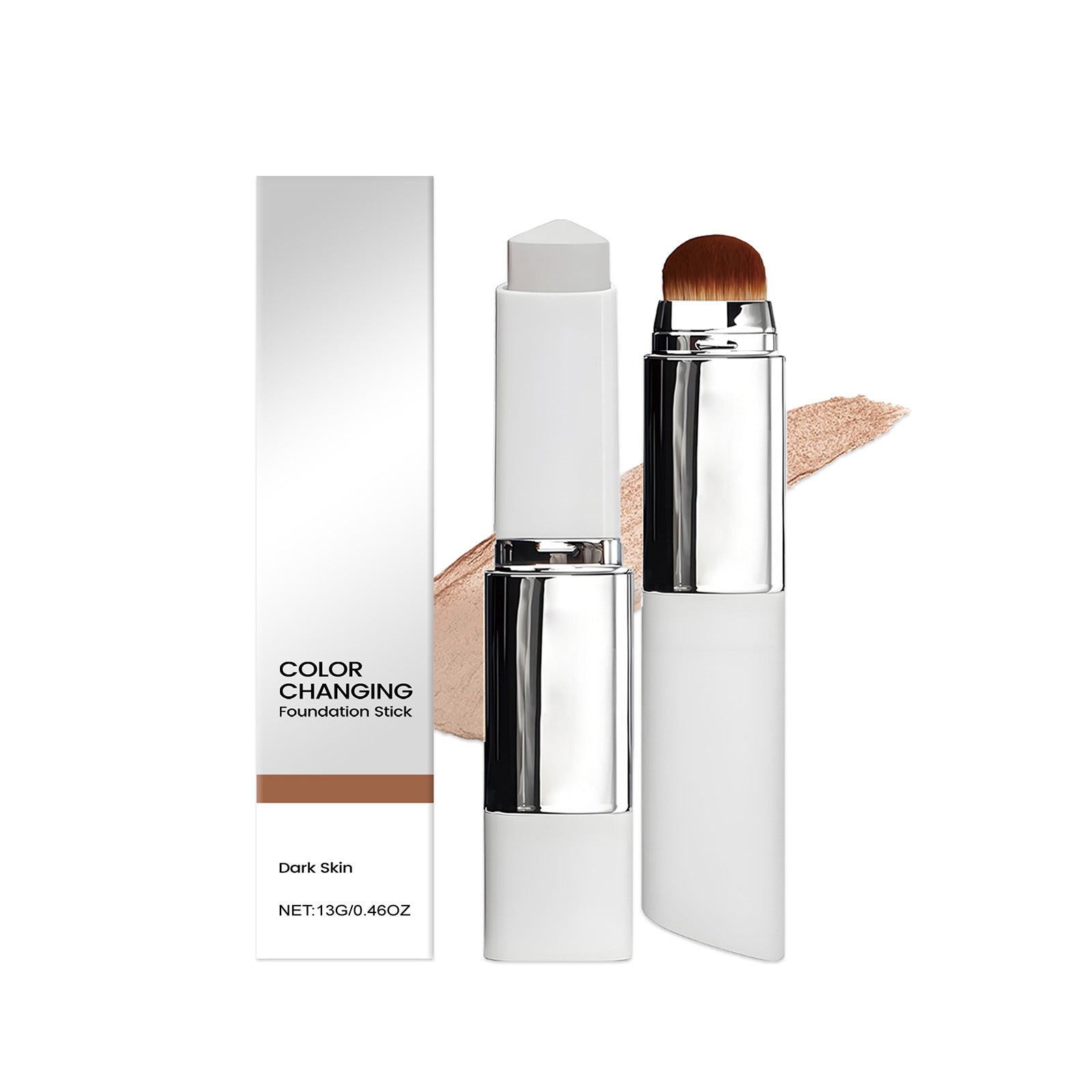 Color-changing foundation stick with brush tip and beige swatch, dark skin tone