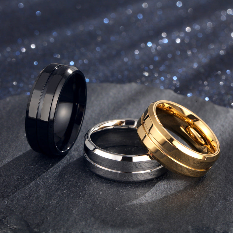 Electroplating ring set with black, steel, and gold glossy metal bands