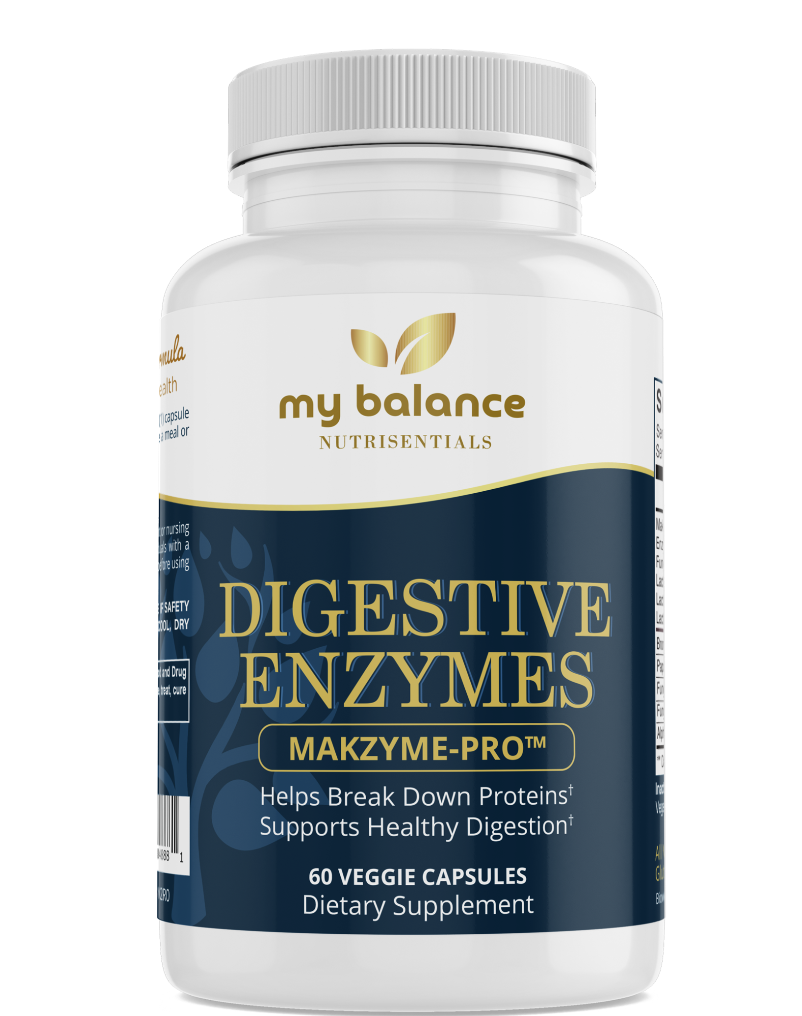 Digestive enzymes supplement bottle, my balance, blue gold label, 60 veggie capsules