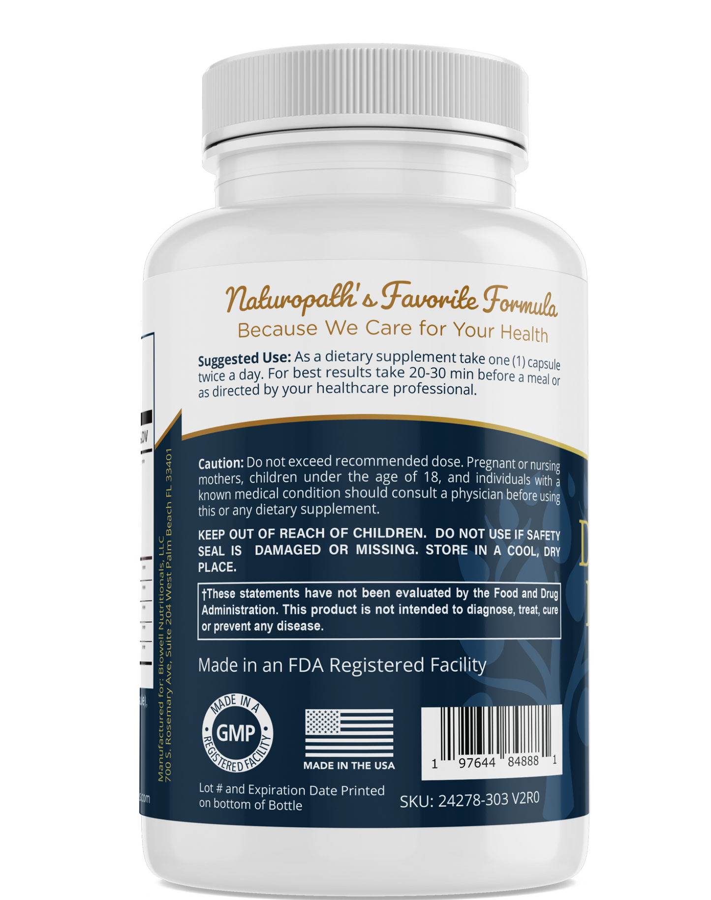 Digestive enzymes supplement bottle back label with usage cautions and FDA GMP seal, my balance