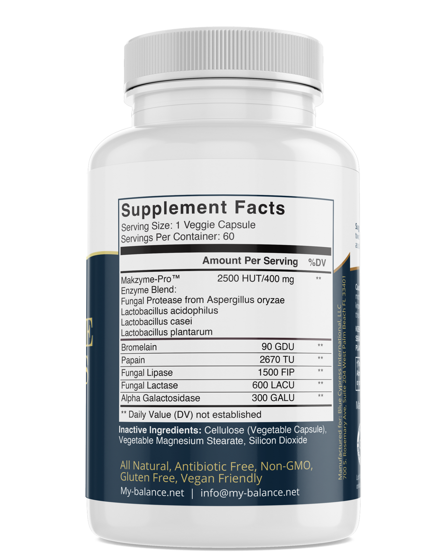 Digestive enzymes supplement bottle back label with Supplement Facts table, my balance
