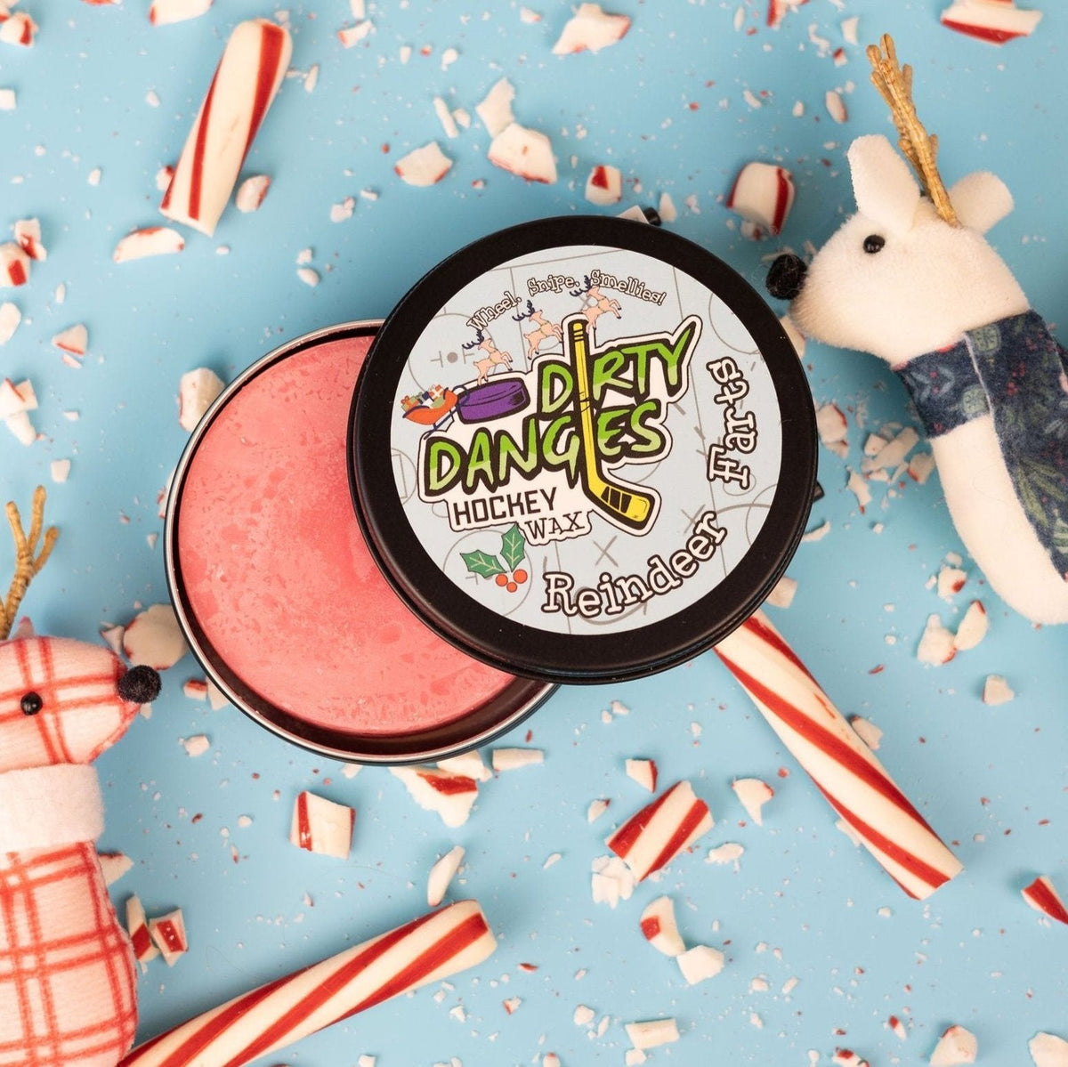 Hockey stick wax tin with Reindeer scent, round lid and open container