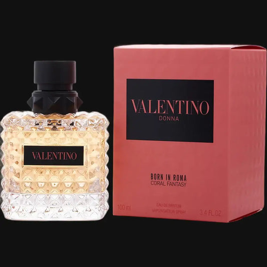 Coral Valentino Donna perfume bottle with black cap and matching box