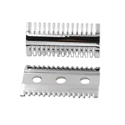Double-sided safety razor head with open comb teeth and three cutout holes