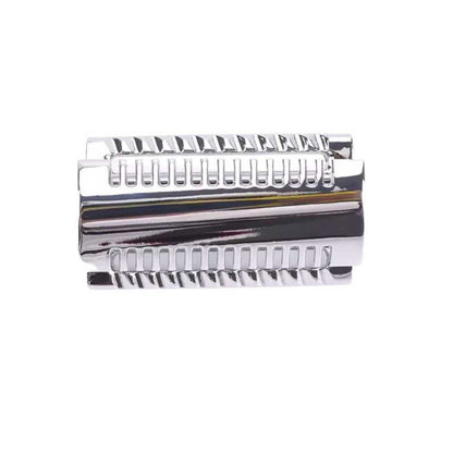 Double-sided safety razor head showing two blade sides with ridged comb edge