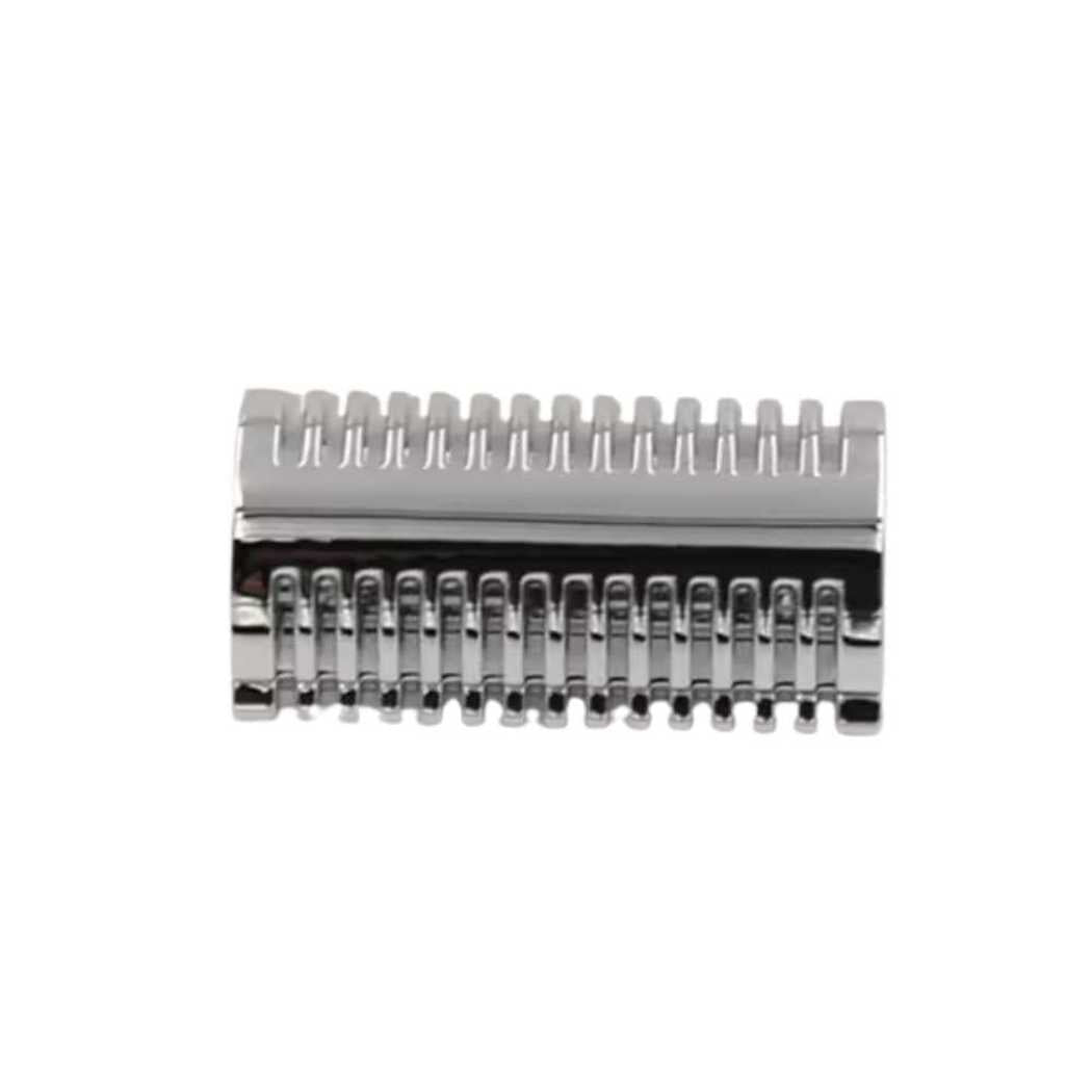 Double-sided safety razor head with closely spaced guard teeth and chrome finish