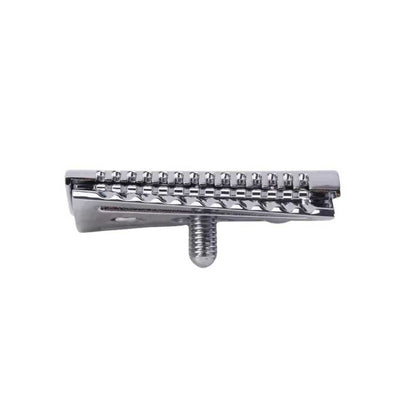 Double-sided safety razor head, chrome slant bar with central guard