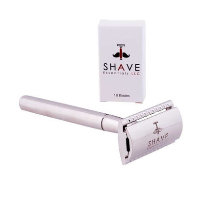 Double-sided safety razor with white blade pack labeled 10 blades