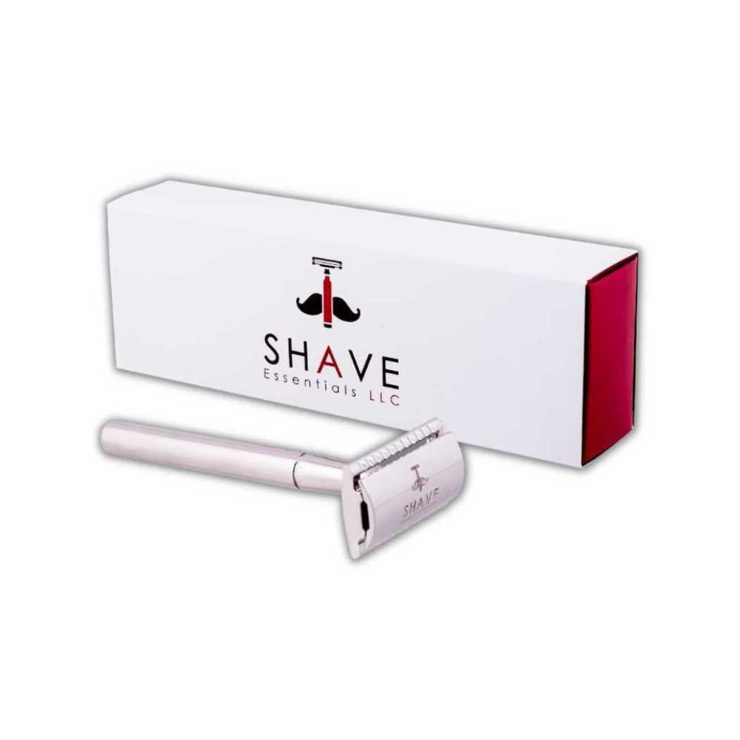 Safety razor with SHAVE essentials box packaging, silver and red accents