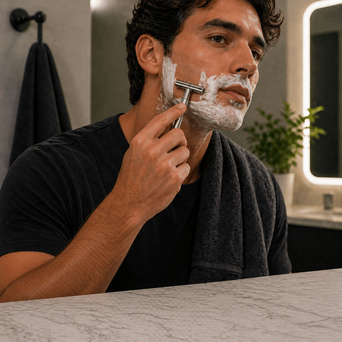 Safety razor in use, held to a man's face with shaving foam