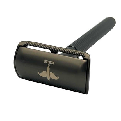 Black double-sided safety razor head with comb teeth and ridged guard