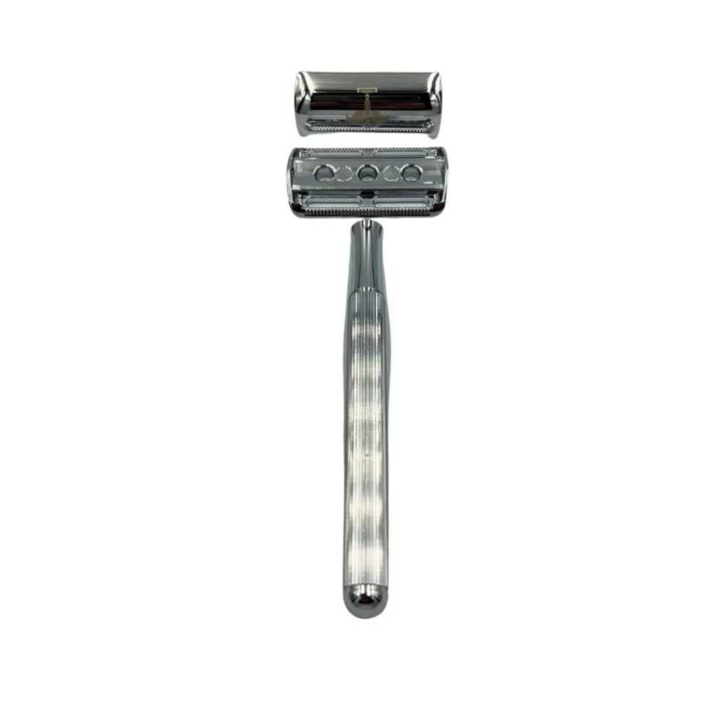 Silver double-sided safety razor with head cover open