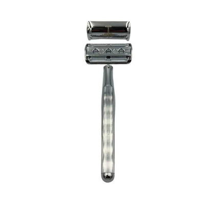 Silver double-sided safety razor with head cover open