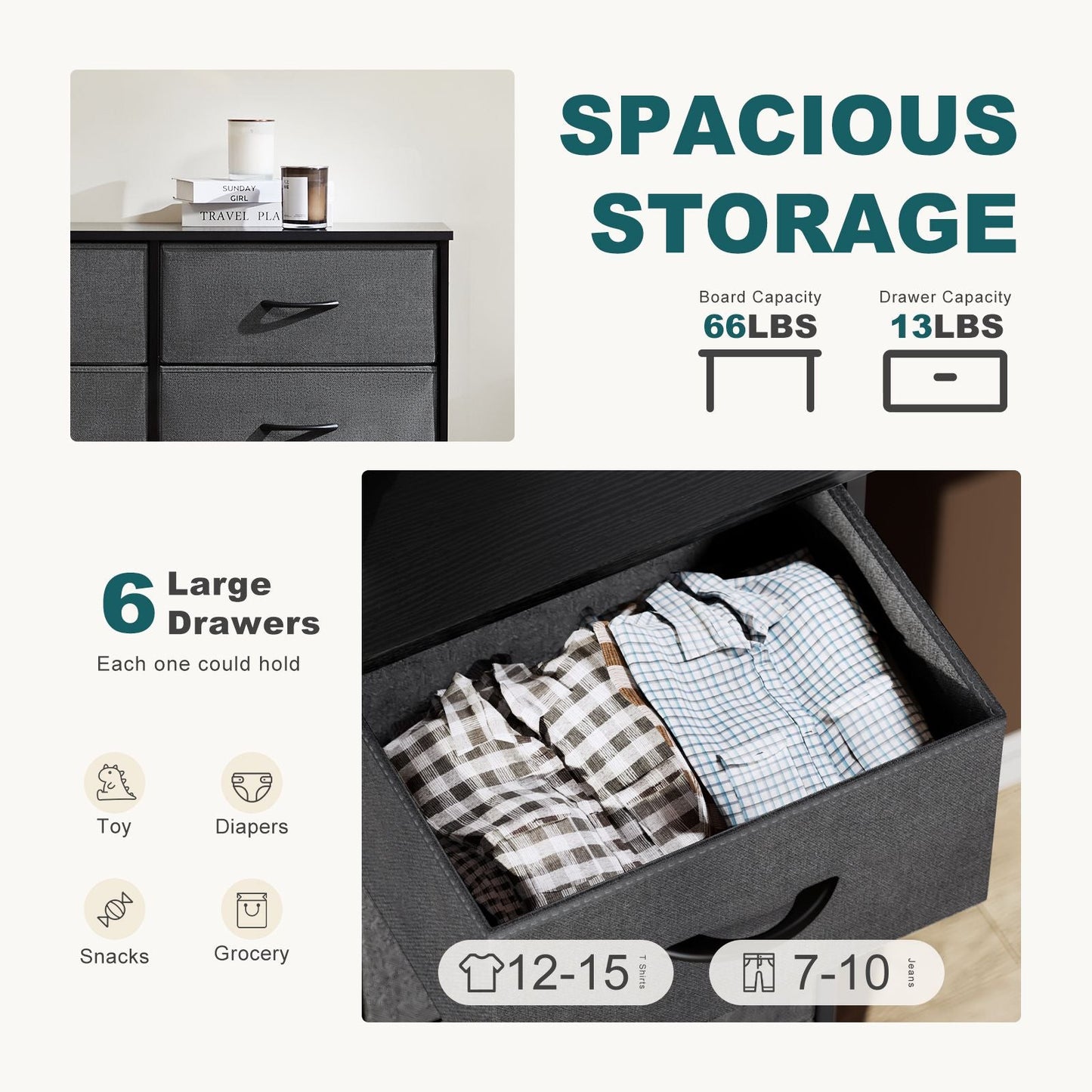 Dresser for Bedroom 6 Drawers Wide Fabric Storage Units Chest of Drawers for Bedroom with Metal Frame and Wooden Top for TV