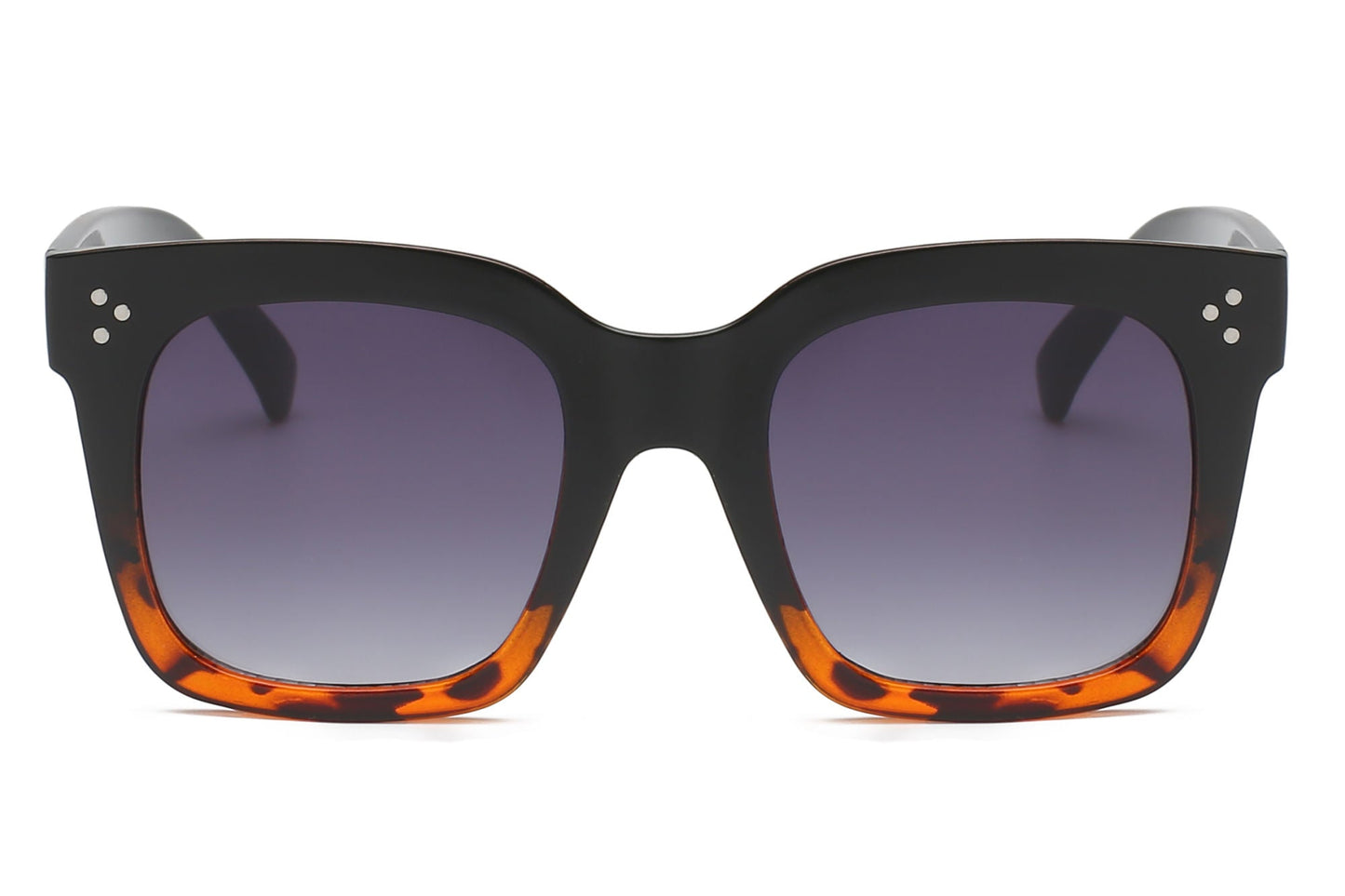 Black square flat-top sunglasses with purple lenses and tortoise-pattern bottom rims