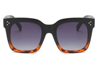 Black square flat-top sunglasses with purple lenses and tortoise-pattern bottom rims