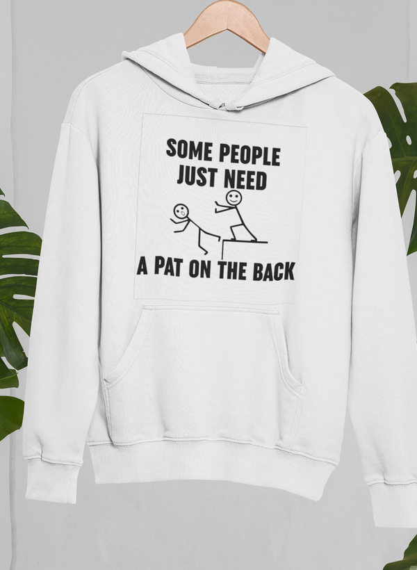 Light gray pullover hoodie with hood and front kangaroo pocket; graphic on chest panel.