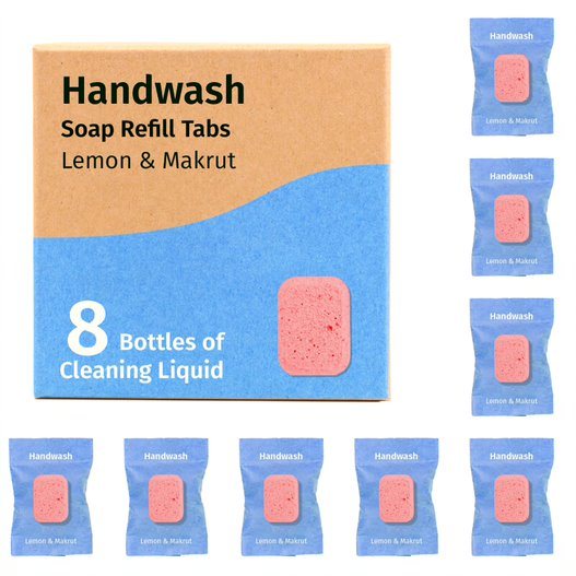 Handwash soap refill tabs box with 8 bottles, lemon & makrut scent