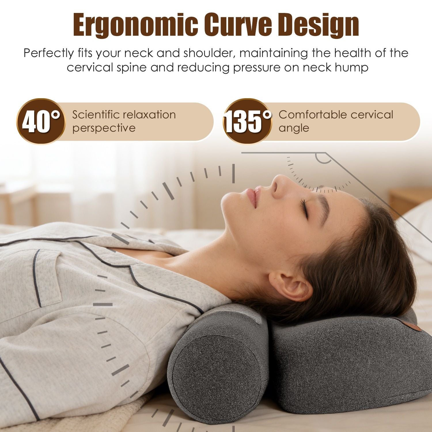 Dark grey ergonomic neck pillow supporting head and neck during sleep