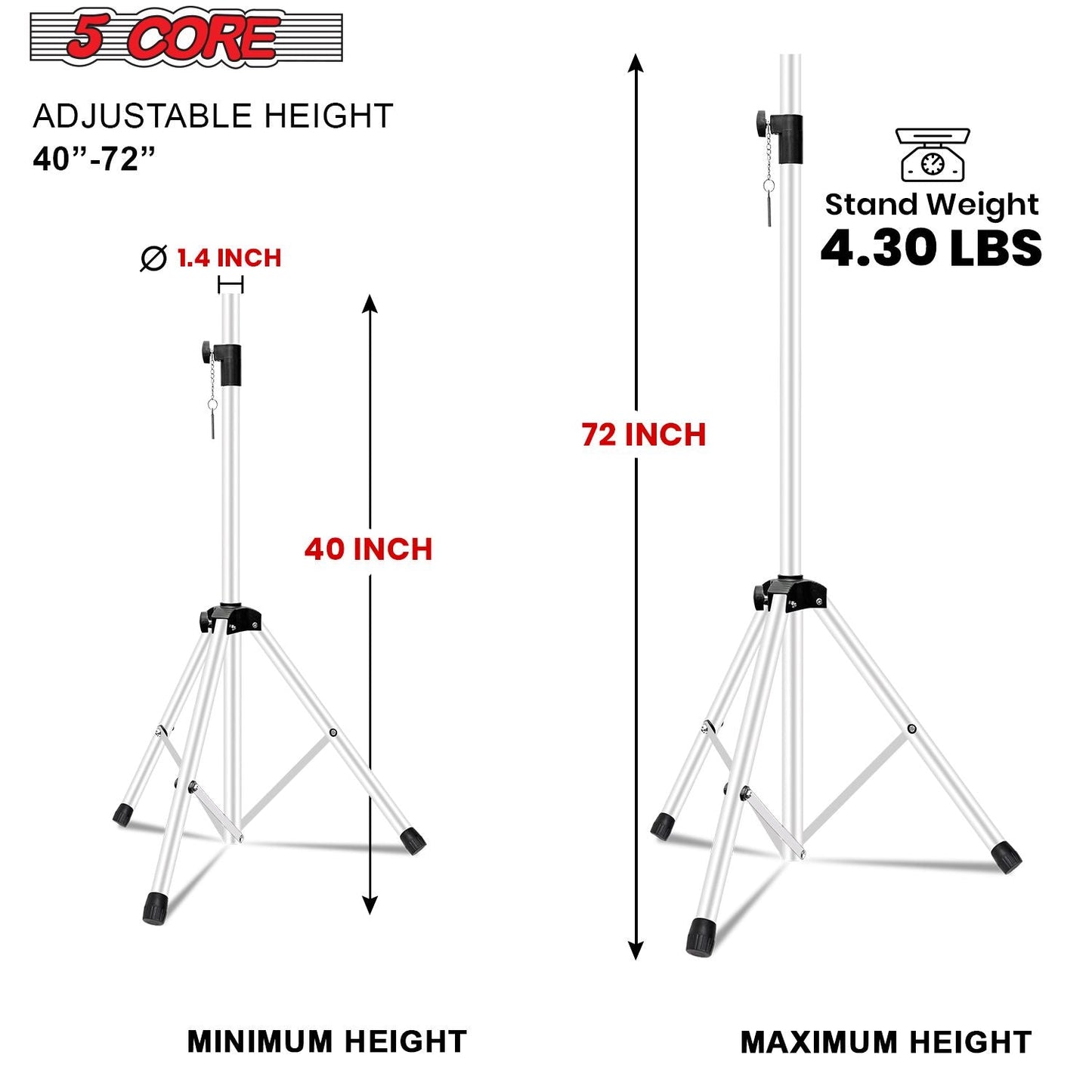 5 Core Speaker Stand Tripod Floor Tall Adjustable Up to 72 Inch DJ Studio Monitor Stands Pole Mount - SS ECO 1PK WOB