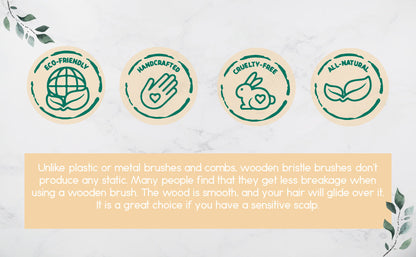 Natural wooden detangling hair brush with white bristles on light wooden handle