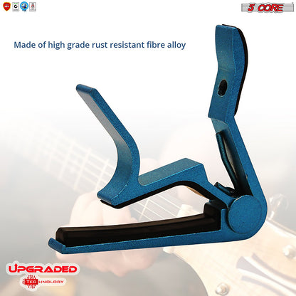 Blue guitar capo clamp with black base pad and top adjuster, close-up view.