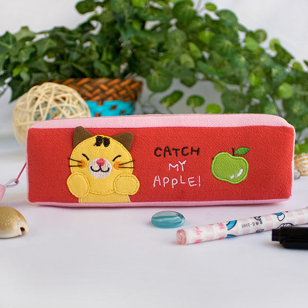 Embroidered pencil pouch with red fabric, pink trim, cat and apple applique